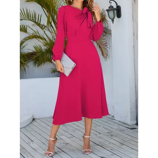 Asymmetric Bowknot Elasticity Solid Color A-Line Long Sleeves Round-Neck Midi Dresses Asymmetric Bowknot Elasticity Solid Color A-Line Long Sleeves Round-Neck Midi Dresses