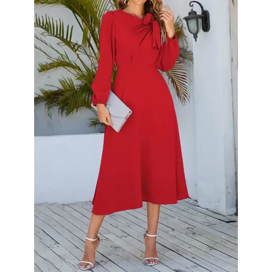 Asymmetric Bowknot Elasticity Solid Color A-Line Long Sleeves Round-Neck Midi Dresses Asymmetric Bowknot Elasticity Solid Color A-Line Long Sleeves Round-Neck Midi Dresses
