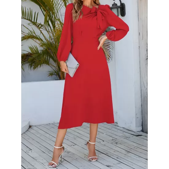 Asymmetric Bowknot Elasticity Solid Color A-Line Long Sleeves Round-Neck Midi Dresses Asymmetric Bowknot Elasticity Solid Color A-Line Long Sleeves Round-Neck Midi Dresses
