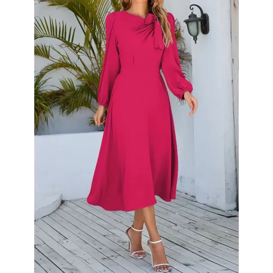 Asymmetric Bowknot Elasticity Solid Color A-Line Long Sleeves Round-Neck Midi Dresses Asymmetric Bowknot Elasticity Solid Color A-Line Long Sleeves Round-Neck Midi Dresses