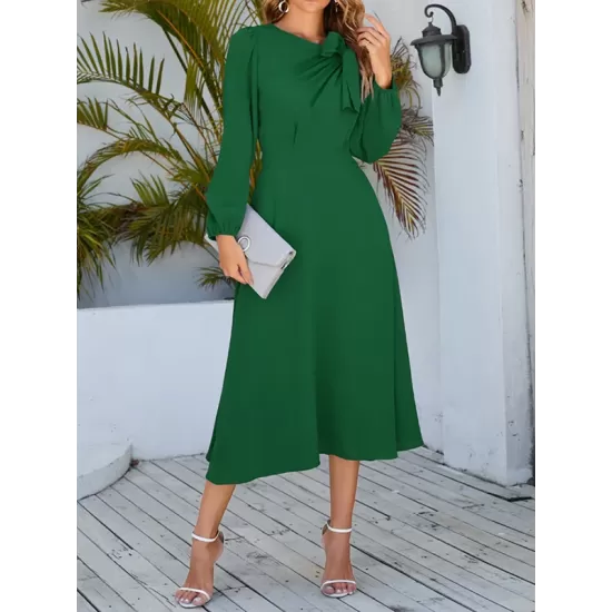 Asymmetric Bowknot Elasticity Solid Color A-Line Long Sleeves Round-Neck Midi Dresses Asymmetric Bowknot Elasticity Solid Color A-Line Long Sleeves Round-Neck Midi Dresses