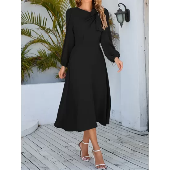Asymmetric Bowknot Elasticity Solid Color A-Line Long Sleeves Round-Neck Midi Dresses Asymmetric Bowknot Elasticity Solid Color A-Line Long Sleeves Round-Neck Midi Dresses