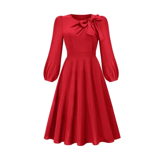 Asymmetric Bowknot Elasticity Solid Color A-Line Long Sleeves Round-Neck Midi Dresses Asymmetric Bowknot Elasticity Solid Color A-Line Long Sleeves Round-Neck Midi Dresses