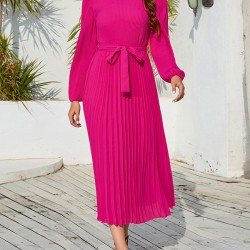 Hollow Pleated Solid Color Tied Waist Bishop Sleeve High Waisted Mock Neck Midi Dresses