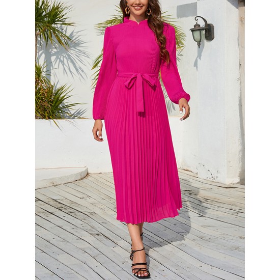 Hollow Pleated Solid Color Tied Waist Bishop Sleeve High Waisted Mock Neck Midi Dresses Hollow Pleated Solid Color Tied Waist Bishop Sleeve High Waisted Mock Neck Midi Dresses