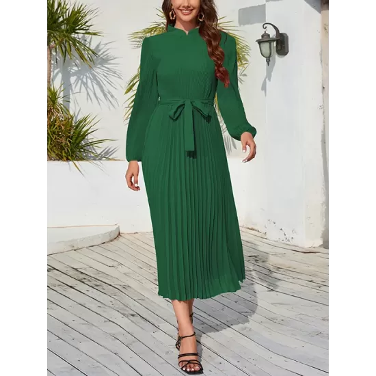 Hollow Pleated Solid Color Tied Waist Bishop Sleeve High Waisted Mock Neck Midi Dresses Hollow Pleated Solid Color Tied Waist Bishop Sleeve High Waisted Mock Neck Midi Dresses