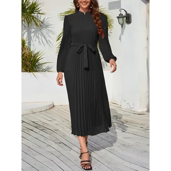 Hollow Pleated Solid Color Tied Waist Bishop Sleeve High Waisted Mock Neck Midi Dresses Hollow Pleated Solid Color Tied Waist Bishop Sleeve High Waisted Mock Neck Midi Dresses