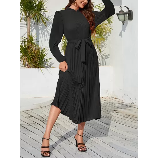 Hollow Pleated Solid Color Tied Waist Bishop Sleeve High Waisted Mock Neck Midi Dresses Hollow Pleated Solid Color Tied Waist Bishop Sleeve High Waisted Mock Neck Midi Dresses