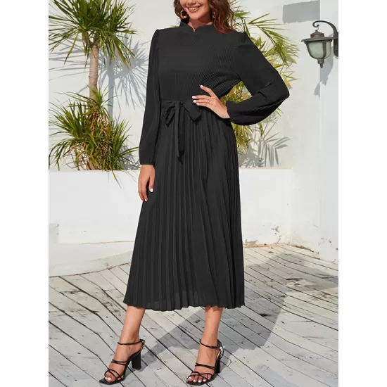 Hollow Pleated Solid Color Tied Waist Bishop Sleeve High Waisted Mock Neck Midi Dresses Hollow Pleated Solid Color Tied Waist Bishop Sleeve High Waisted Mock Neck Midi Dresses