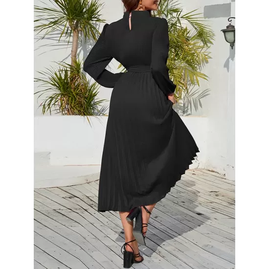 Hollow Pleated Solid Color Tied Waist Bishop Sleeve High Waisted Mock Neck Midi Dresses Hollow Pleated Solid Color Tied Waist Bishop Sleeve High Waisted Mock Neck Midi Dresses