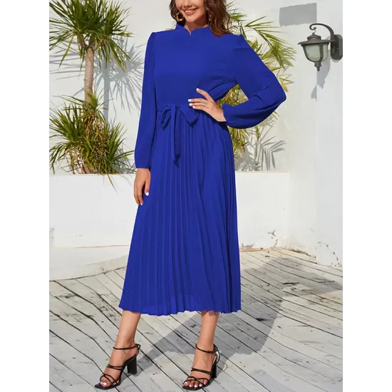Hollow Pleated Solid Color Tied Waist Bishop Sleeve High Waisted Mock Neck Midi Dresses Hollow Pleated Solid Color Tied Waist Bishop Sleeve High Waisted Mock Neck Midi Dresses