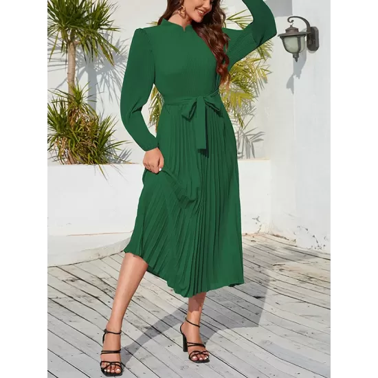 Hollow Pleated Solid Color Tied Waist Bishop Sleeve High Waisted Mock Neck Midi Dresses Hollow Pleated Solid Color Tied Waist Bishop Sleeve High Waisted Mock Neck Midi Dresses