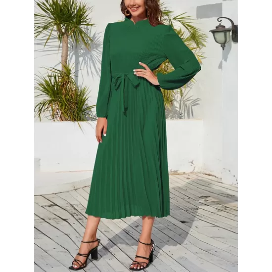 Hollow Pleated Solid Color Tied Waist Bishop Sleeve High Waisted Mock Neck Midi Dresses Hollow Pleated Solid Color Tied Waist Bishop Sleeve High Waisted Mock Neck Midi Dresses