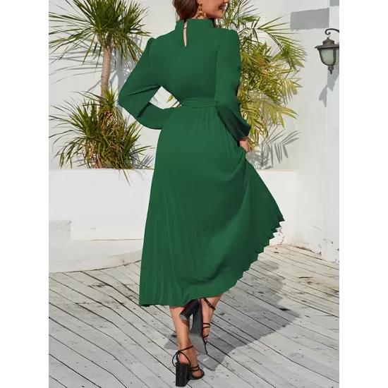 Hollow Pleated Solid Color Tied Waist Bishop Sleeve High Waisted Mock Neck Midi Dresses Hollow Pleated Solid Color Tied Waist Bishop Sleeve High Waisted Mock Neck Midi Dresses