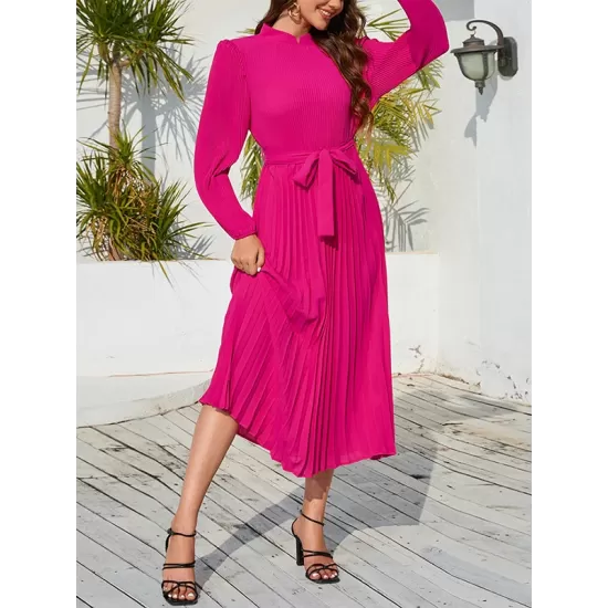 Hollow Pleated Solid Color Tied Waist Bishop Sleeve High Waisted Mock Neck Midi Dresses Hollow Pleated Solid Color Tied Waist Bishop Sleeve High Waisted Mock Neck Midi Dresses