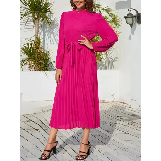 Hollow Pleated Solid Color Tied Waist Bishop Sleeve High Waisted Mock Neck Midi Dresses Hollow Pleated Solid Color Tied Waist Bishop Sleeve High Waisted Mock Neck Midi Dresses