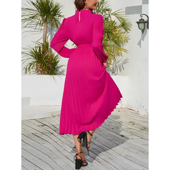 Hollow Pleated Solid Color Tied Waist Bishop Sleeve High Waisted Mock Neck Midi Dresses Hollow Pleated Solid Color Tied Waist Bishop Sleeve High Waisted Mock Neck Midi Dresses