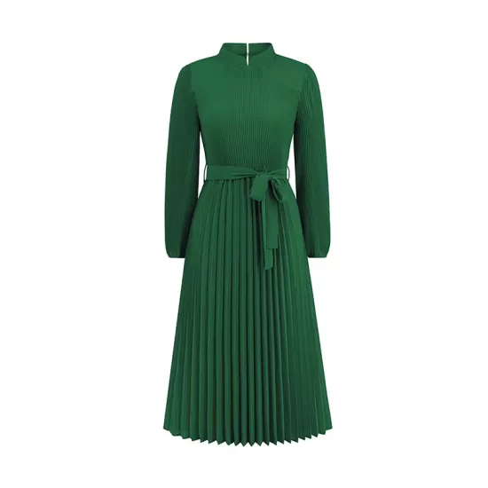Hollow Pleated Solid Color Tied Waist Bishop Sleeve High Waisted Mock Neck Midi Dresses Hollow Pleated Solid Color Tied Waist Bishop Sleeve High Waisted Mock Neck Midi Dresses