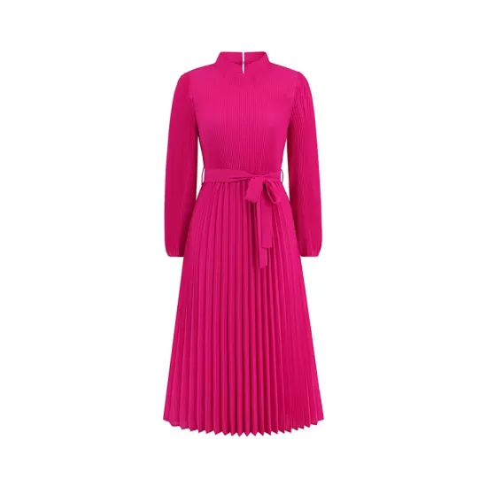 Hollow Pleated Solid Color Tied Waist Bishop Sleeve High Waisted Mock Neck Midi Dresses Hollow Pleated Solid Color Tied Waist Bishop Sleeve High Waisted Mock Neck Midi Dresses