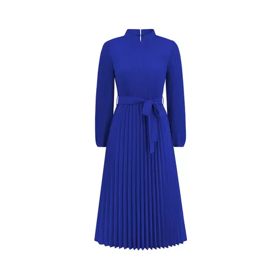 Hollow Pleated Solid Color Tied Waist Bishop Sleeve High Waisted Mock Neck Midi Dresses Hollow Pleated Solid Color Tied Waist Bishop Sleeve High Waisted Mock Neck Midi Dresses