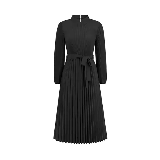 Hollow Pleated Solid Color Tied Waist Bishop Sleeve High Waisted Mock Neck Midi Dresses Hollow Pleated Solid Color Tied Waist Bishop Sleeve High Waisted Mock Neck Midi Dresses