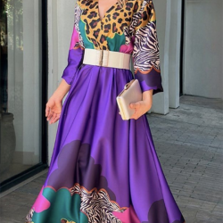 Long Sleeves Loose Leopard V-Neck Maxi Dresses