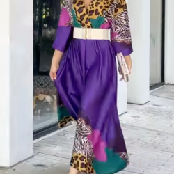 Long Sleeves Loose Leopard V-Neck Maxi Dresses