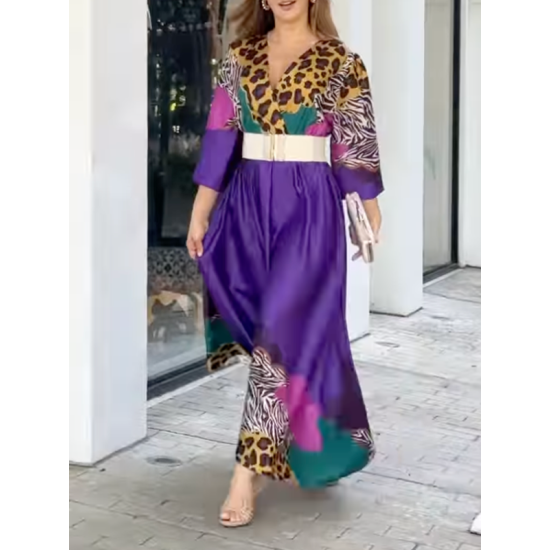 Long Sleeves Loose Leopard V-Neck Maxi Dresses Long Sleeves Loose Leopard V-Neck Maxi Dresses