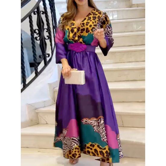 Long Sleeves Loose Leopard V-Neck Maxi Dresses Long Sleeves Loose Leopard V-Neck Maxi Dresses