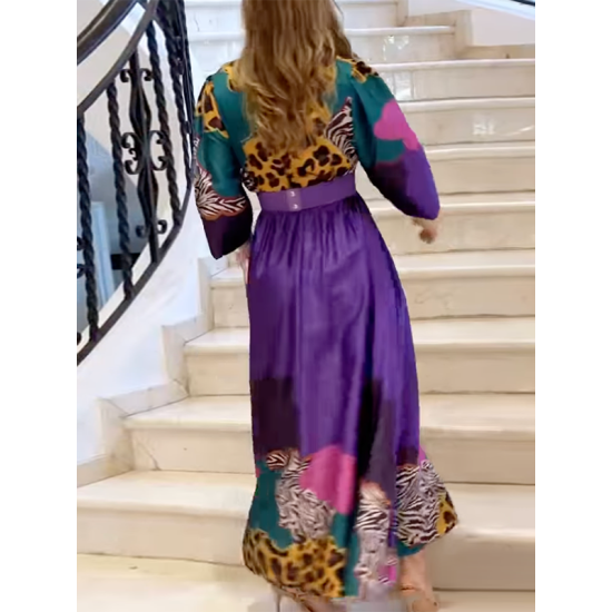 Long Sleeves Loose Leopard V-Neck Maxi Dresses Long Sleeves Loose Leopard V-Neck Maxi Dresses