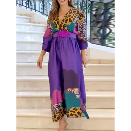 Long Sleeves Loose Leopard V-Neck Maxi Dresses Long Sleeves Loose Leopard V-Neck Maxi Dresses