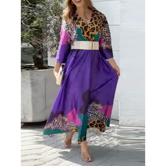 Long Sleeves Loose Leopard V-Neck Maxi Dresses Long Sleeves Loose Leopard V-Neck Maxi Dresses