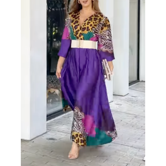 Long Sleeves Loose Leopard V-Neck Maxi Dresses Long Sleeves Loose Leopard V-Neck Maxi Dresses