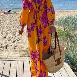 Flower Print Pockets Tied Waist A-Line Long Sleeves V-Neck Maxi Dresses