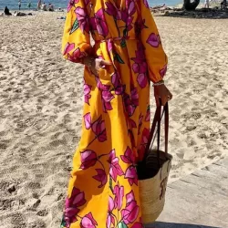 Flower Print Pockets Tied Waist A-Line Long Sleeves V-Neck Maxi Dresses