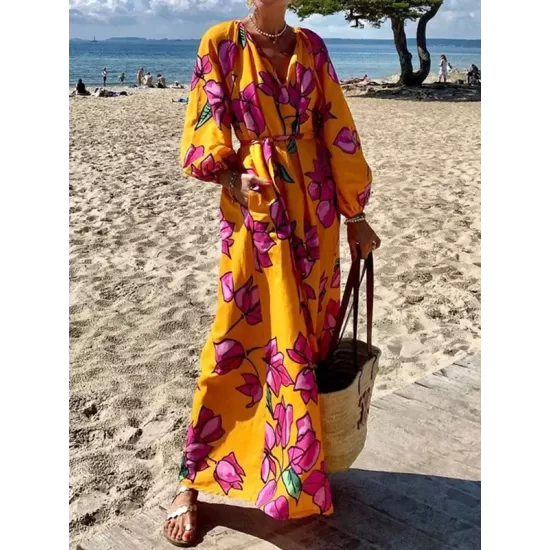 Flower Print Pockets Tied Waist A-Line Long Sleeves V-Neck Maxi Dresses Flower Print Pockets Tied Waist A-Line Long Sleeves V-Neck Maxi Dresses