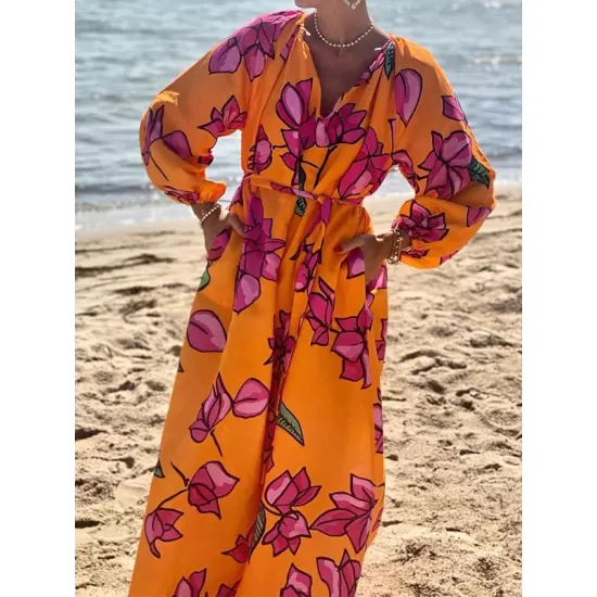 Flower Print Pockets Tied Waist A-Line Long Sleeves V-Neck Maxi Dresses Flower Print Pockets Tied Waist A-Line Long Sleeves V-Neck Maxi Dresses