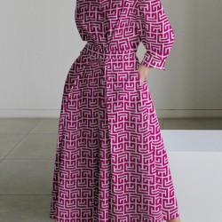 Pleated Printed Tied Waist Long Sleeves Loose Lapel Shirt Dress