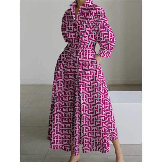 Pleated Printed Tied Waist Long Sleeves Loose Lapel Shirt Dress Pleated Printed Tied Waist Long Sleeves Loose Lapel Shirt Dress