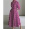 Pleated Printed Tied Waist Long Sleeves Loose Lapel Shirt Dress