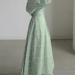 Pleated Printed Tied Waist Long Sleeves Loose Lapel Shirt Dress