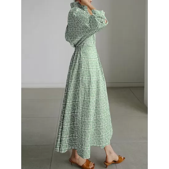 Pleated Printed Tied Waist Long Sleeves Loose Lapel Shirt Dress Pleated Printed Tied Waist Long Sleeves Loose Lapel Shirt Dress