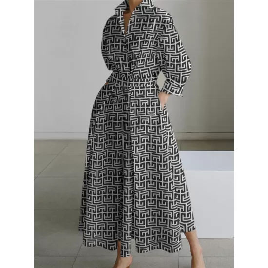 Pleated Printed Tied Waist Long Sleeves Loose Lapel Shirt Dress Pleated Printed Tied Waist Long Sleeves Loose Lapel Shirt Dress