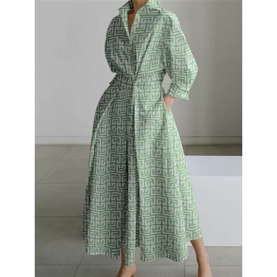 Pleated Printed Tied Waist Long Sleeves Loose Lapel Shirt Dress Pleated Printed Tied Waist Long Sleeves Loose Lapel Shirt Dress