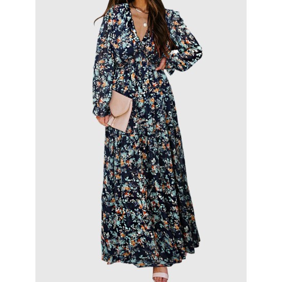 Flower Print Pleated Ruffled High Waisted Long Sleeves V-Neck Maxi Dresses Flower Print Pleated Ruffled High Waisted Long Sleeves V-Neck Maxi Dresses