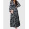 Flower Print Pleated Ruffled High Waisted Long Sleeves V-Neck Maxi Dresses