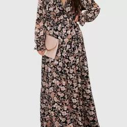 Flower Print Pleated Ruffled High Waisted Long Sleeves V-Neck Maxi Dresses