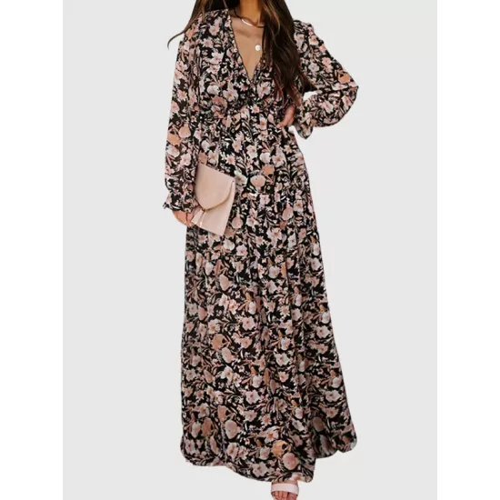 Flower Print Pleated Ruffled High Waisted Long Sleeves V-Neck Maxi Dresses Flower Print Pleated Ruffled High Waisted Long Sleeves V-Neck Maxi Dresses