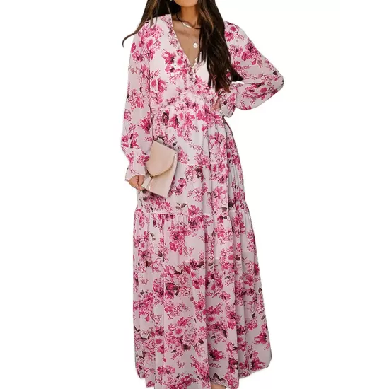 Flower Print Pleated Ruffled High Waisted Long Sleeves V-Neck Maxi Dresses Flower Print Pleated Ruffled High Waisted Long Sleeves V-Neck Maxi Dresses