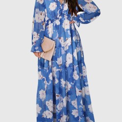 Flower Print Pleated Ruffled High Waisted Long Sleeves V-neck Maxi Dresses